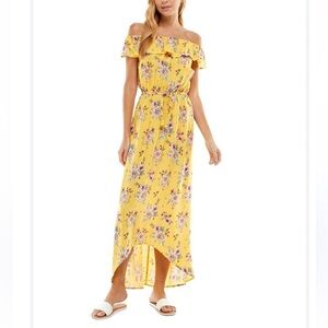 Kingston Grey Yellow & Pink Floral High Low Hem Ruffle Off the Shoulder Dress L
